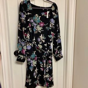 NWT black floral LOFT long sleeves dress belt